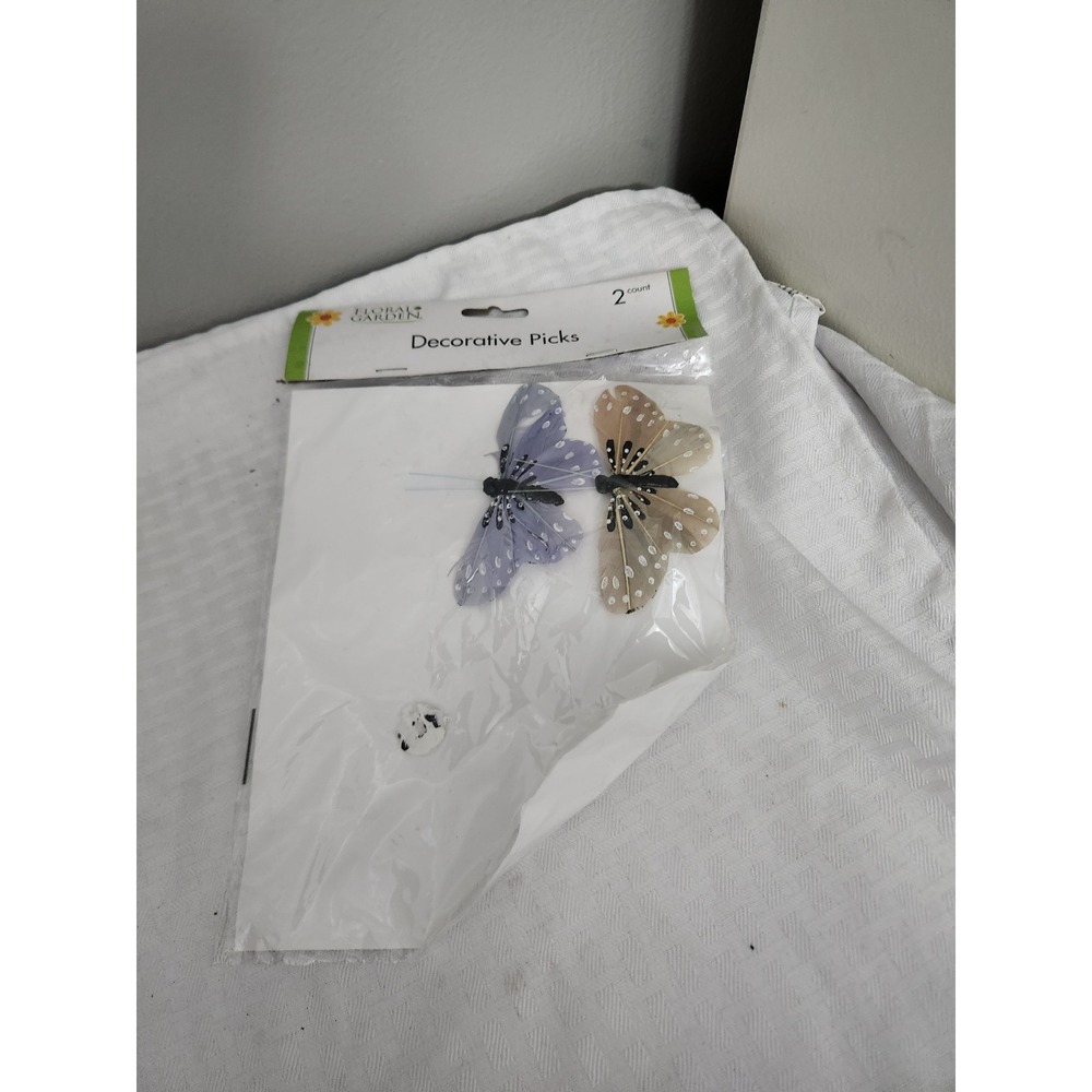 Floral Garden Butterfly Decorative Picks 2 Count Feather Wings Lavender Tan